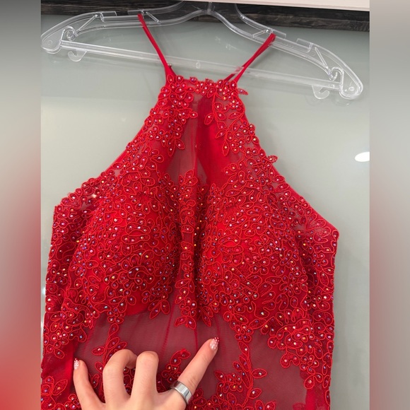 Elegant Red Lace Halter Dress - Picture 3 of 5